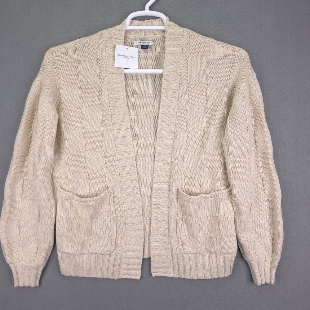 American Eagle Cardigan Sweater Checkerboard Knit Beige XXS Cotton Blend New